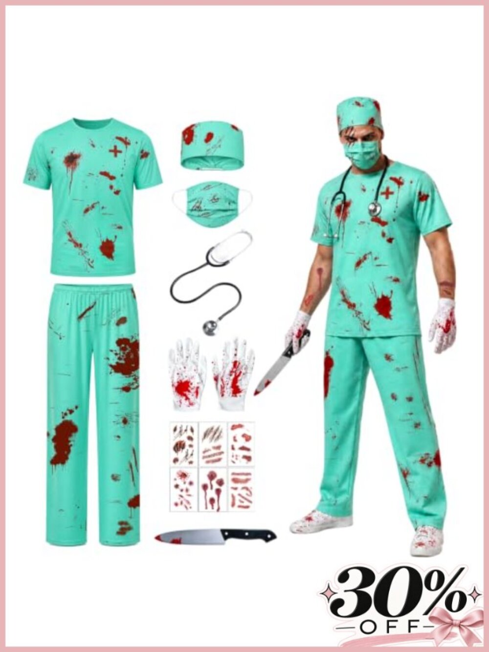 Zombie Doctor Costume Men's Surgeon Halloween 8-Piece Adult Cosplay Set